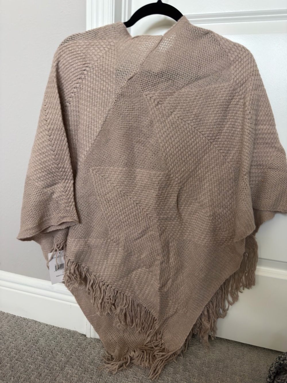 Cozy Taupe Knit Fringe Poncho